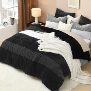 Arkmoving Fluffy Fleece King Size Comforter Set, Luxury Soft Plush Fuzzy Black & White Stripe Bedding Comforter Sets, Warm Shaggy Faux Fur Bed Set All Season (1 Comforter, 2 Pillowcases)