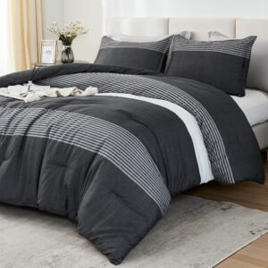 Arkmoving Queen Comforter Set Black White Grey - 3 Pieces Lightweight Summer Bedding Set, All Season Down Alternative Comforter (1 Comforter, 2 Pillowcases)